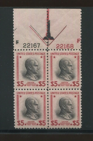 1938 US Calvin Coolidge $5 USPS Stamp #834 MNH Plate No. 22167 22168 Arrow Block Cover