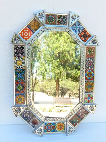 21" PUNCHED TIN MIRROR octagonal oval mixed talavera tiles mexican folk art Cover