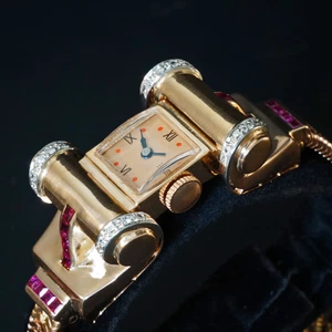 Stunning Lonville Solid 14K Rose Gold Diamond & Ruby Retro 1940s Bracelet Watch - Picture 1 of 12