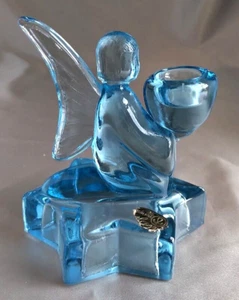 Vintage BOHEMIA Glass Blue Angel Figurine Candle Holder, Star Base w/ Sticker - Picture 1 of 6