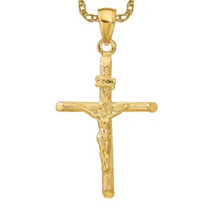 10K Solid Yellow Gold Jesus Crucifix Cross Necklace - Picture 1 of 12