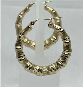 10K Yellow Gold Polished Classic Bamboo Hoop Women's Earrings 36MM - Picture 1 of 7