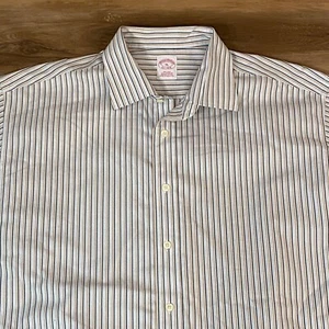 Brooks Brothers Camicia Uomo XL Oro Argento Grigio Righe Bottoni Non Ferro - Foto 1 di 9
