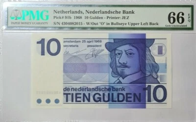 1968 Netherlands 10 Gulden PMG66 EPQ <P-91b>  GEM UNC  - Image 1 of 4