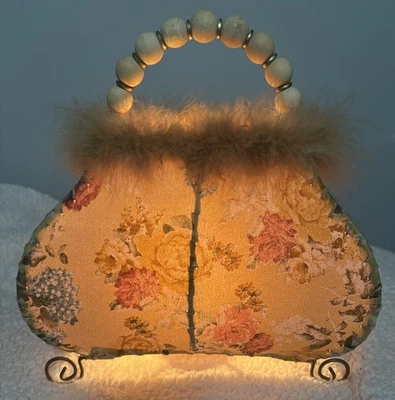 Nightlight Lamp/Floral/Cloth Fabric/Feather Trim/Wood Beaded  Handle  Small Hole - Image 1 of 4