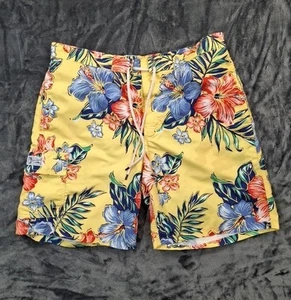 Polo Ralph Lauren Swim Trunks Large Yellow Floral Hibiscus Tropical Board Shorts - Picture 1 of 13