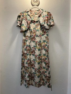 RARO 1930s Mexicano Suroeste Novedad Estampado Lino Vestido de Día y Bolero Conjunto Foto 1 de 4