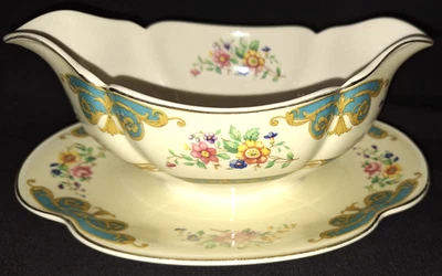 VTG JOHNSON BROS PAREEK TURQUOISE BELGRAVIA GRAVY BOAT ATTACHED UNDER PLATE DISH - Image 1 of 4