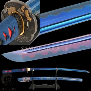 Japanese Katana Samurai Sword Full Tang Carbon steel Knife Blue purple Blade - Picture 1 of 12