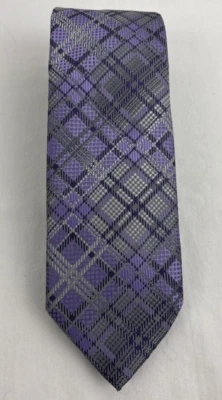 VTG Stacy Adams Handmade Men's Luxury Tie Purple Silver Gray Retro Plaid - Image 1 of 4