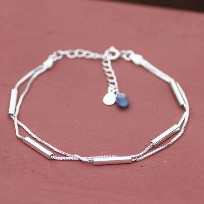 Double Strand Bead Bracelet With Natural Blue Kyanite 925 Sterling Silver - Image 1 of 4