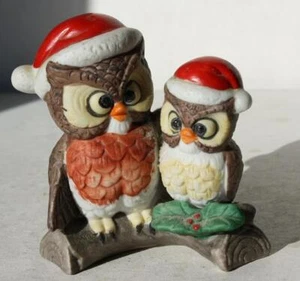 Owl Figurine Red Santa Hats Dad Son Owls Branch Ceramic Hand Painted Unmarked -- - Picture 1 of 1