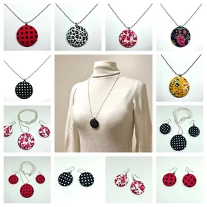 Leopard Red White Polkadot Long Silver Chain Round Pendant Earrings Necklace Set - Picture 1 of 33