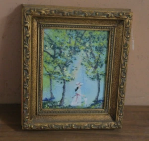 Vintage MCM Handmade Enamel on Copper Art Painting Girl in Meadow 4"x5" Framed - Picture 1 of 7