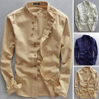 Men's Linen Style Long Sleeve Solid Shirts Casual Fit Formal Dress Top Tee Shirt