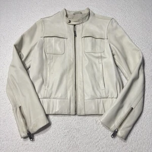 GAP Women's Bomber Jacket 100% Leather Lined Y2K White Ivory Full Zip Sz Medium - Picture 1 of 17