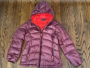 Girls Patagonia Hi Loft Down Puffer Hoodie Coat Winter Maroon Red Jacket L 12 - Picture 1 of 3