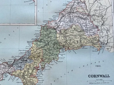 Antique map of Cornwall with Scilly Isles colour chromolithograph 1895 - Image 1 of 4