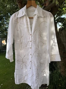 Chianti UK 10 Tunic Top White Linen Embroidered Floral Cuff & Side Slits - Picture 1 of 15