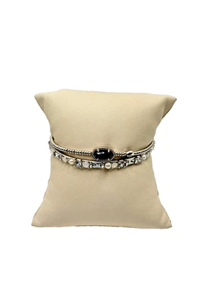 Silver Beaded Black Stone Charm Bracelet Elegant Crystal Accent Stackable - Image 1 of 4