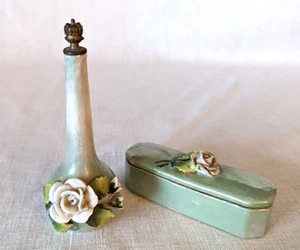 RARE porcelain perfume bottle + trinket box Germany green luster 3d rose set old - Picture 1 of 16