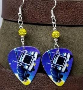 Def Leppard On Through The Night Guitar Pick Earrings with Yellow Pave Beads - Picture 1 of 4