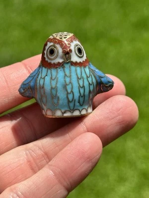 1,2-дюймовый старый китайский медный наперсток из клуазоне с эмалью бирюзовый синий сова летающая птица - Изображение 1 из 4