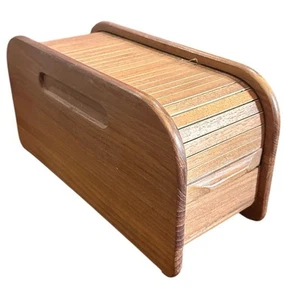 Vintage MCM Teak Wood Tambour Roll Top Desk Organizer Storage Box - Afbeelding 1 van 6