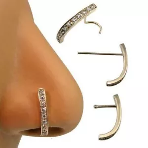 14K Solid Yellow Gold Nose Ring Screw L Bend 10 Stone Curved Ring 22G 20G 18G - Picture 1 of 7