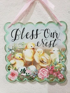 Easter Spring Chicks BLESS OUR NEST Metal Hanging Wall Sign Decor NEW - Picture 1 of 4