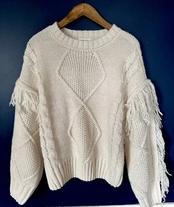 Sugarlips Bowman Boho Fringe Crew Neck Sweater Cable Knit Cream Women’s XS - Picture 1 of 10