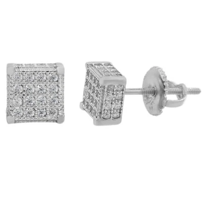 Mens Ladies Real Solid 925 Silver Iced CZ HipHop Earrings Studs Small Cube 1/4" - Image 1 of 4
