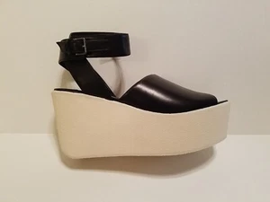 NEW DEREK LAM Black Leather FABIAN Wedge Platform Sandals Women's 10M NWOB 10023 - Picture 1 of 11