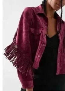 Free People Trucker Jacket SIZE Large Fringe Hippie Boho Vegan Suede (bin M) - Picture 1 of 7