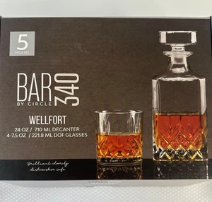 BAR 340 BY CIRCLE WELLFORT 24 OZ DECANTER AND 4 - 7.5 OZ DOF GLASSES, NIB - Picture 1 of 4