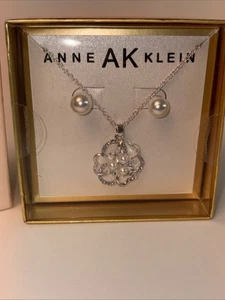 Anne Klein Bright Silver & Pearl Necklace & Matching Earrings Set NIB - Picture 1 of 4