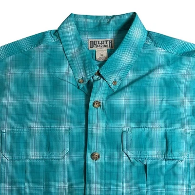 Duluth Trading Co Men XL Blue Plaid Nylon Stretch Short Sleeve Button Down Shirt - Image 1 of 4
