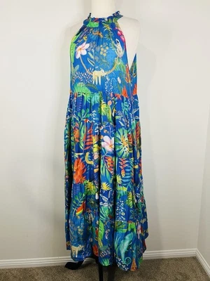 Lula Soul Halter Neck Blue Jungle Animal Print Summer Tiered Maxi Dress Size M - image 1 of 4