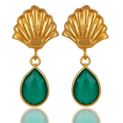 Позолоченные серьги-капли с зеленым ониксом драгоценными камнями двух форм ювелирные изделия - Изображение 1 из 3