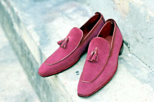 Hand Stitched Men's Classic Tassels and Piping Suede Shoes, Italian Footwear