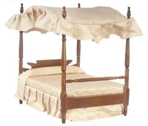 Dolls House Walnut Double 4 Poster Canopy Bed Miniature 1:12 Bedroom Furniture