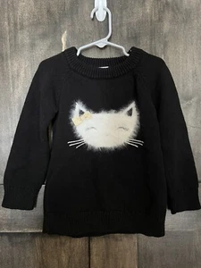 GYMBOREE Girls 4 Pullover Cotton Knit Sweater Fuzzy Cat Appliqué Black - Picture 1 of 2