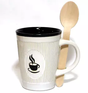 Tazza da caffè in ceramica beige nera a costine con porta cucchiaio - Foto 1 di 7