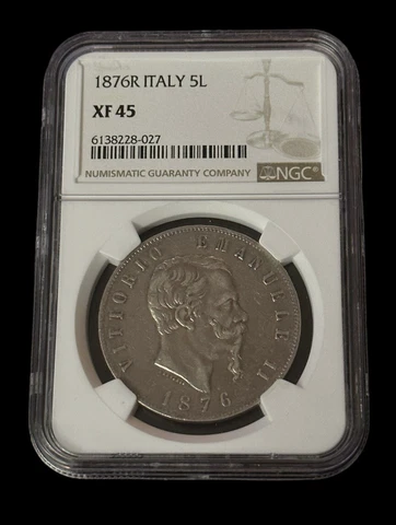1876 R Italy 5 Lire NGC 5 Lire ~ 90% Silver Cover