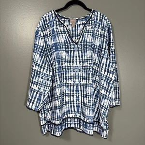 Chico's Blue Boho Tie-Dye Crochet Trim Top - 4 (XXL 20/22) - Women's Plus Size - Picture 1 of 6