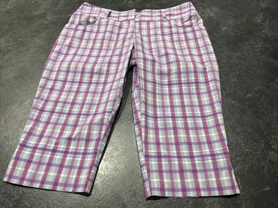 Adidas Shorts Womens 6 Purple Pink Gray Plaid Pedal Pushers Climalite Golf - Image 1 of 4