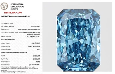 4.06 Radiant Lab Grown Diamond For Engagement Ring IGI Fancy Vivid  Blue VS1 - Image 1 of 4