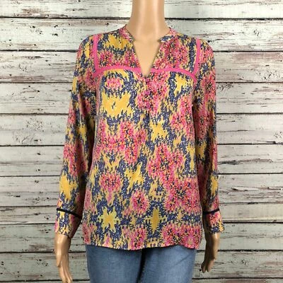 Blusa Camisa Collective Concepts XS Artística Estampado Colorido Popover Rosa Amarillo Foto 1 de 4