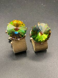 vintage Cufflink gold-tone mesh and Green Glass Rivoli stones