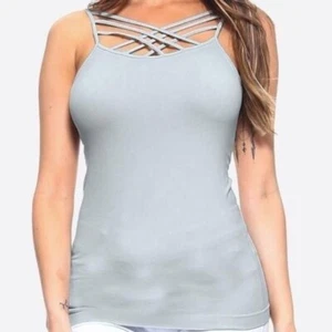 Bodycon Solid Light Gray Triple Criss Cross Camisole Undershirt Tank Top Shirt - Picture 1 of 2